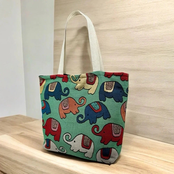 Handbags - Colorful Elephant Print Cloth Tote Bag Made In Thailand